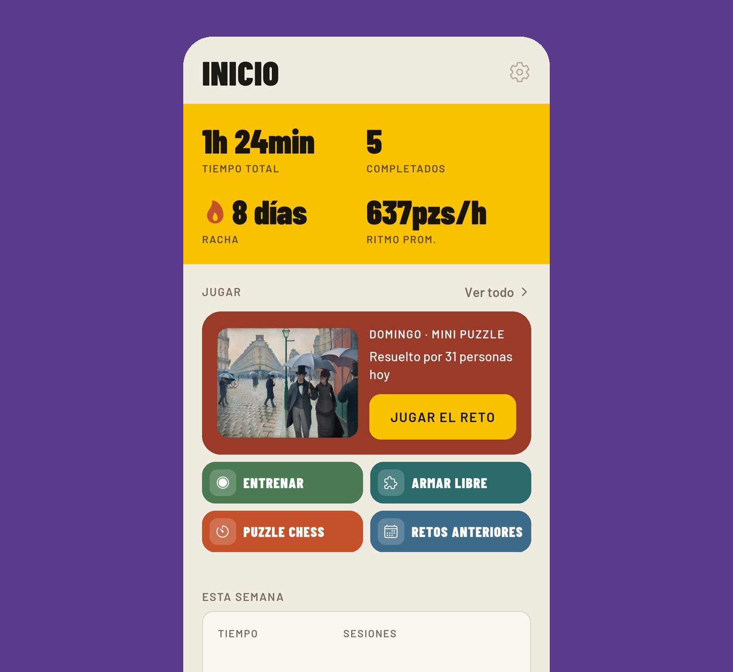 La tarjeta nueva de Jugar en Inicio, con la obra del reto del día entera